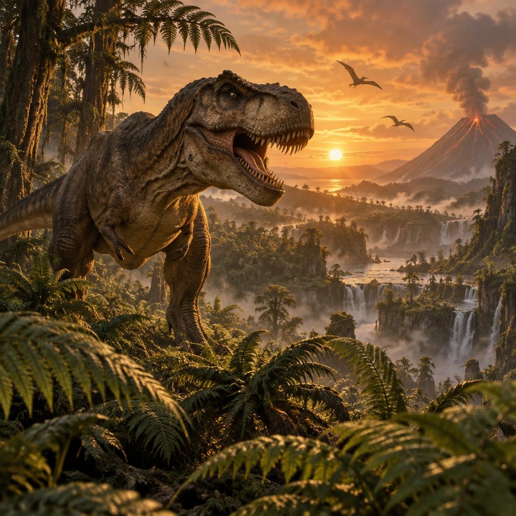 Tiranosaurio en un valle jurásico al atardecer